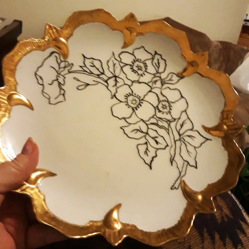 Exquisite Handmade vintage Porcelain Plate with Gold Trim, SHIPS FREE